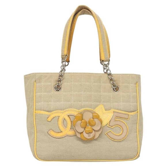 CHANEL Camelia Choco Bar Hand Bag Canvas Beige Silver CC Auth sw727 - Picture 2 of 16